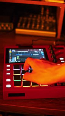 Kırmızı bir müzik prodüksiyon kontrolörüne renkli ve aydınlık pedlere basılı, dinamik ışık değişimleriyle yakın plan bir el çekimi. Aygıt ekranı dijital bir ses çalışma istasyonu arayüzü görüntüler.