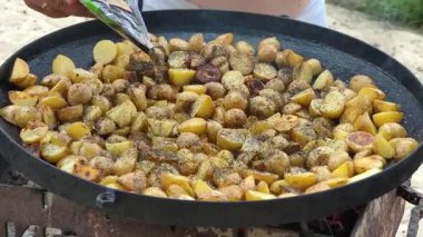 Genç baharatlı, otlu, yuvarlak patatesli bir elin yakın çekimi. Patatesler büyük siyah bir tavada pişiriliyor. Sıcak ve lezzetli yiyeceklerden buhar yükseliyor..