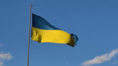 Mavi ve sarı çizgileriyle Ukrayna 'nın ulusal bayrağı bayrak direğinde gururla dalgalanır. Arka planda açık mavi bir gökyüzü ve güneşli bir günde birkaç yumuşak beyaz bulut var..