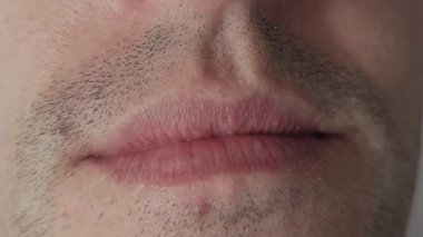 Tıraşsız bir adamın alt yüzünün makro görüntüsü. Hafif, ince bir gülümseme ya da sırıtış verir, üst dişlerini ve dudaklarının dokusunu gösterir ve sakallarını düz gri bir stüdyo arka planına yaslar..