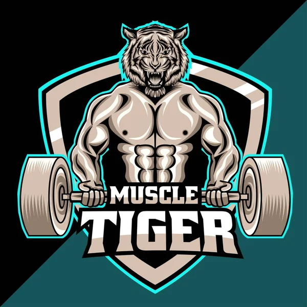 Disegno Del Logo Della Mascotte Fitness Tigre Muscolare — Vettoriale Stock