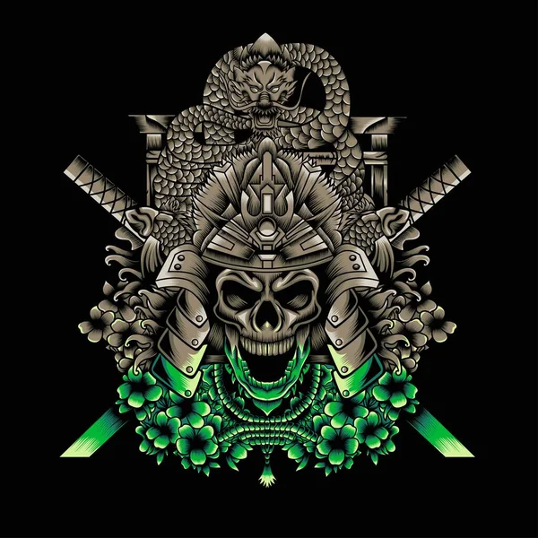 Samurai Skull Japanese Dragon Katana Illustration — Image vectorielle