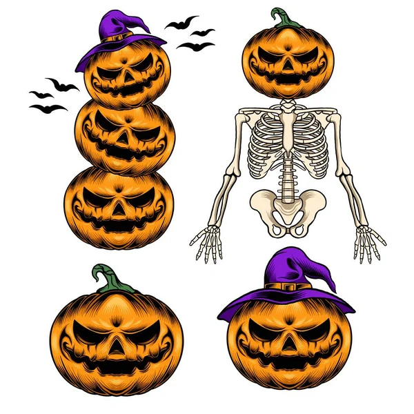 Set Zucche Halloween Con Scheletro Pipistrelli Illustrazione Vettoriale — Vettoriale Stock