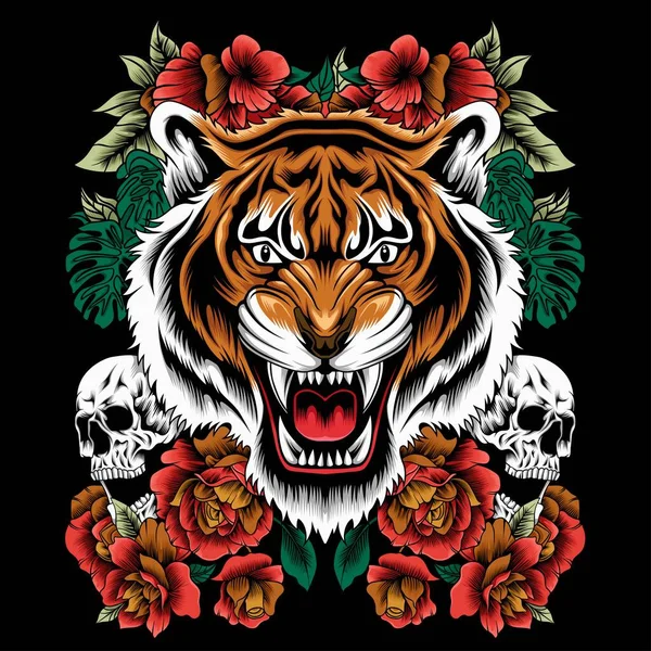 colorful floral pattern with roses, tiger and skull. Vector traditional folk fashion ornament on black background.