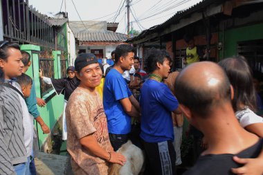 Jakarta, Endonezya - 08 11 2019: Aydınlık sabahlarda hayvan kurban eden Müslüman cemaati