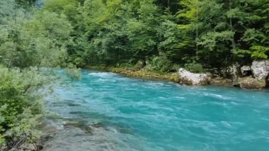 Karadağ 'daki dağların yamaçlarındaki Mountain River Tara Turkuaz ve Ormanı. Durmitor Ulusal Parkı 'ndaki Avrupa' nın en büyük kanyonu.