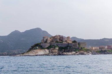 İtalya 'nın Toskana bölgesindeki Elba adasında bir kule ve Portoferraio şehrinin deniz feneriyle denizden kaleye bakın.