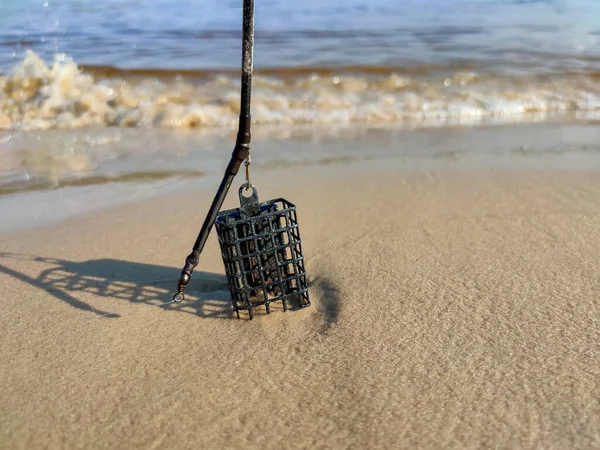 Fishing Tackle Plastic Cage Sandy Shore — Stock Photo, Image