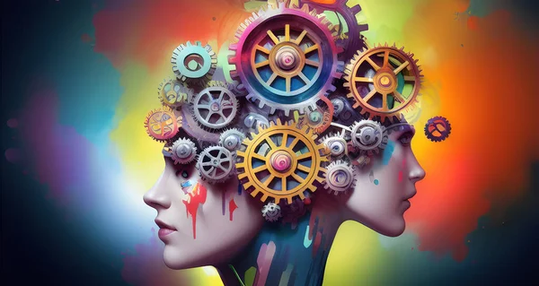 Multi-colored gears in the head of a person, people with mechanisms in their heads. Futuristic detailed and vibrant design, digital painting.