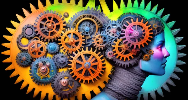 Multi-colored gears in the head of a person, people with mechanisms in their heads. Futuristic detailed and vibrant design, digital painting.