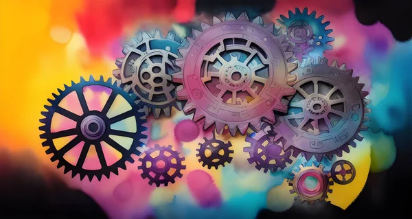 Multi-colored gears on a black background, for interior design in a technological style, digital painting
