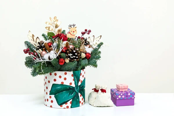 New Year Bouquet Christmas Tree Branches Cones Cotton Toys Gift — Stock Photo, Image