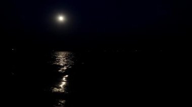 Parlak dolunay, gece sakin okyanus sularında parlayan bir yol açar. Huzurlu ve gizemli bir sahil manzarası yaratır.