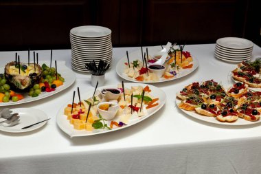 Peynir küpleri, meyve şişleri ve üzerine beyaz tabakta zeytin ve lahana konmuş bruschetta ile hazırlanmış gurme yemek servisi, kutlamaya ya da etkinliğe hazır.