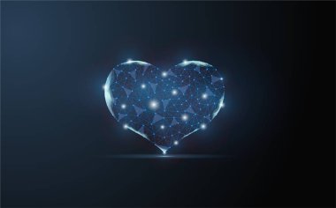 Kalp, vektör ikonu. Eart ve Line nabız dijital teknolojisi. Ealthcare ve tıbbi hologram düşük polyester kablo. Hastane ve tedavi mavi koyu arkaplan.