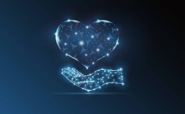 Heart on a hand, vector icon. eart and line pulse digital technology. ealthcare and medical hologram low poly wireframe. Hospital and treatment blue dark background.