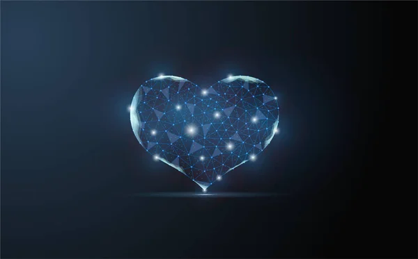 Kalp, vektör ikonu. Eart ve Line nabız dijital teknolojisi. Ealthcare ve tıbbi hologram düşük polyester kablo. Hastane ve tedavi mavi koyu arkaplan.