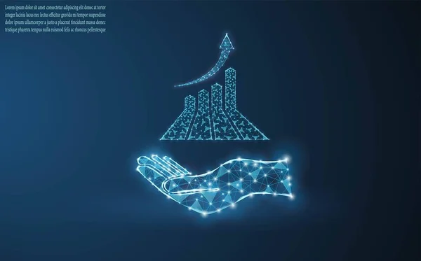 Bir elde büyüme grafiği, şebeke ve noktalardan oluşan vektör görüntüsü. İş illüstrasyonu - grafikler, büyüme konsepti, iş geliştirme. Koyu mavi arkaplandaki bir iş grafiğinin vektör çizimi.
