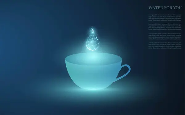 Neon ışığında su bulunan bir bardağın vektör çizimi. Koyu mavi arka planda bir damla suyu olan şeffaf bir bardak..