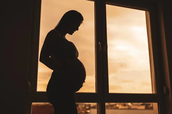 Schwangere Steht Fenster Und Hält Ihren Bauch Silhouette Einer Schwangeren — Stockfoto