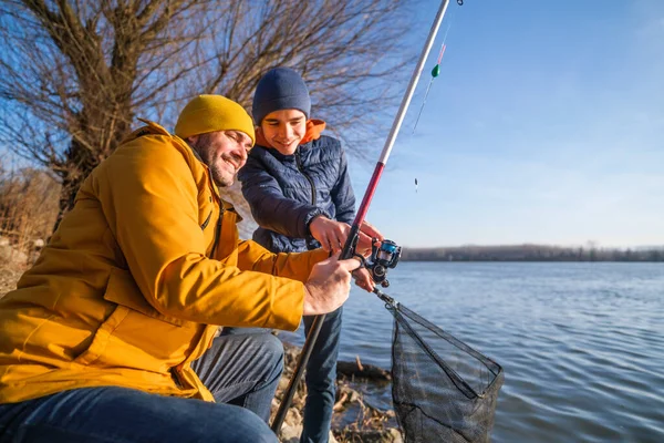 Father Son Fishing Sunny Winter Day Freshwater Fishing Teenage Boy — Φωτογραφία Αρχείου