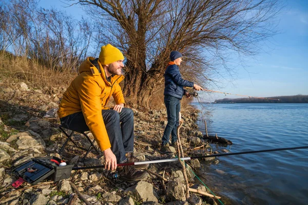 Father Son Fishing Sunny Winter Day Freshwater Fishing Teenage Boy — 스톡 사진