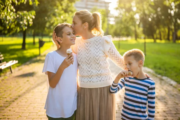 晴れた日に公園で彼女の2人の息子と幸せなシングルマザーの肖像画 少年たちはアイスクリームを食べている — ストック写真