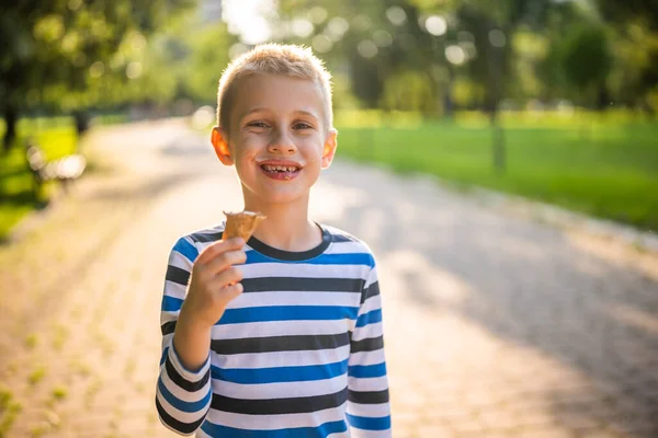 Portrét Šťastného Chlapce Který Stojí Parku Zmrzlinu — Stock fotografie