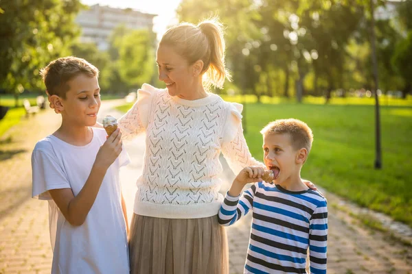 晴れた日に公園で彼女の2人の息子と幸せなシングルマザーの肖像画 少年たちはアイスクリームを食べている — ストック写真