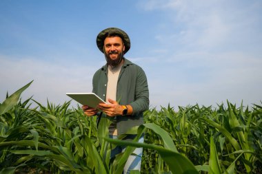 Mısır eken bir çiftçinin portresi. Bitkilerin gelişimini inceliyor. Tarım işgali.