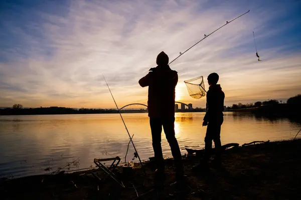 Father Son Fishing Winter Day River Fishing — Fotografia de Stock