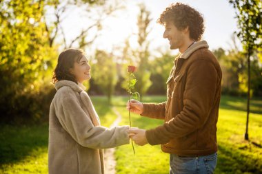 Gün batımında parkta mutlu bir çiftin portresi. Adam kadınına gül veriyor..