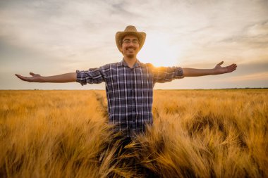 Buğday tarlasında mutlu bir çiftçinin portresi. Ekinlerden memnun..