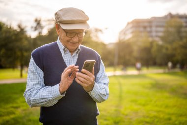 Güneşli bir günde parkta mutlu bir son sınıf öğrencisinin portresi. Akıllı telefondan mesajlaşıyor..