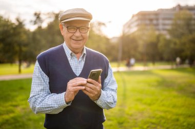 Güneşli bir günde parkta mutlu bir son sınıf öğrencisinin portresi. Akıllı telefondan mesajlaşıyor..