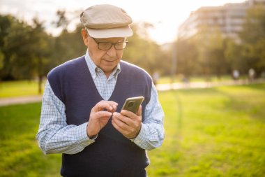 Güneşli bir günde parkta mutlu bir son sınıf öğrencisinin portresi. Akıllı telefondan mesajlaşıyor..