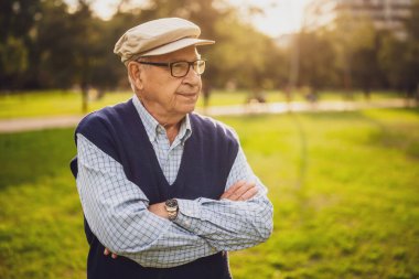 Güneşli bir günde parktaki endişeli yaşlı adamın portresi..