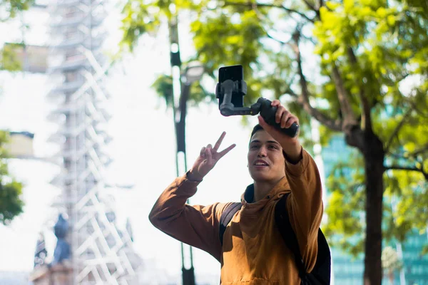 Young Man Creating Video Content His Travels Recording His Smartphone — Stock Photo, Image