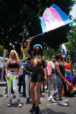 Mexico City, 25 Haziran 2022. Transseksüel insanlar, 44. gay onur festivalinin dönüşünde transseksüel bayrağı sallıyor.