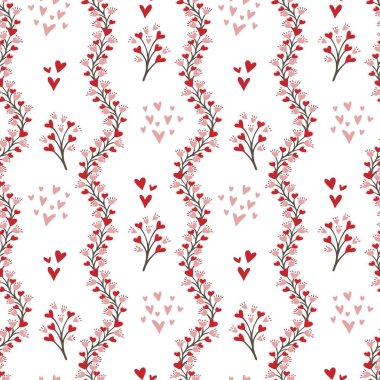 Beyaz arkaplanda çiçekler ve kalpler olan kusursuz dal deseni