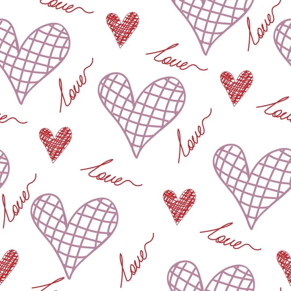 Seamless Pattern Hearts Love Text White Background — Stock Vector