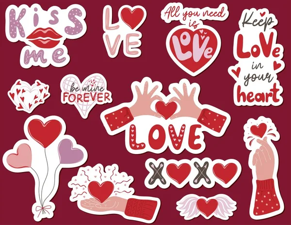 Jeu Autocollants Saint Valentin Avec Lettrage Mains Tenant Les Cœurs — Image vectorielle