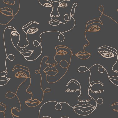 Soyut bir çizgi kusursuz desen. Aralıksız tek satır sanat arka planında kadın yüzleri