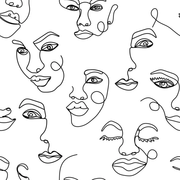 概要1行のシームレスなパターン 女性の顔を持つ連続的な1つのラインアートの背景 — ストックベクタ