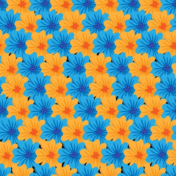 蓝色和黄色花朵的当代精美无缝图案 — 图库矢量图片