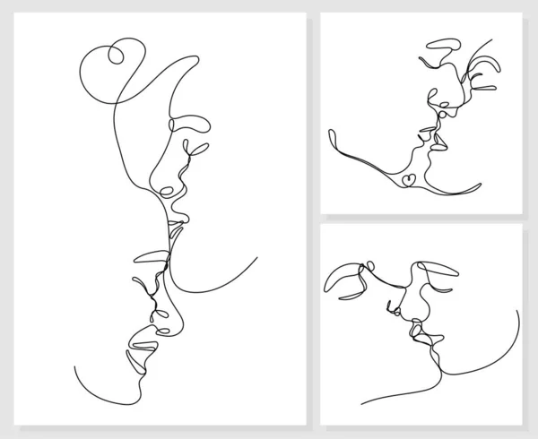 Continuous One Line Drawing Kissing Men Woman White Background — Stock Vector