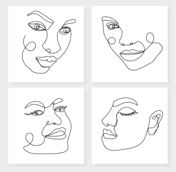 Continuous One Line Drawing Woman Faces White Background — Stock Vector