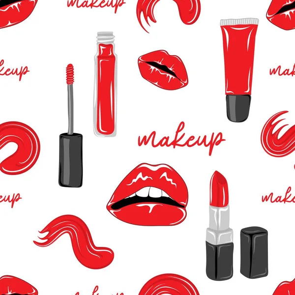 Seamless Pattern Red Lips Lipstick Lip Gloss Tube White Background — Stock Vector