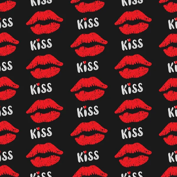 黒の背景に赤い女性の唇のシームレスなパターン — ストックベクタ