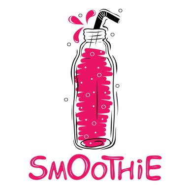 Şişede meyve püresi var. Sağlıklı yemek posteri. İçecekler tazeleniyor